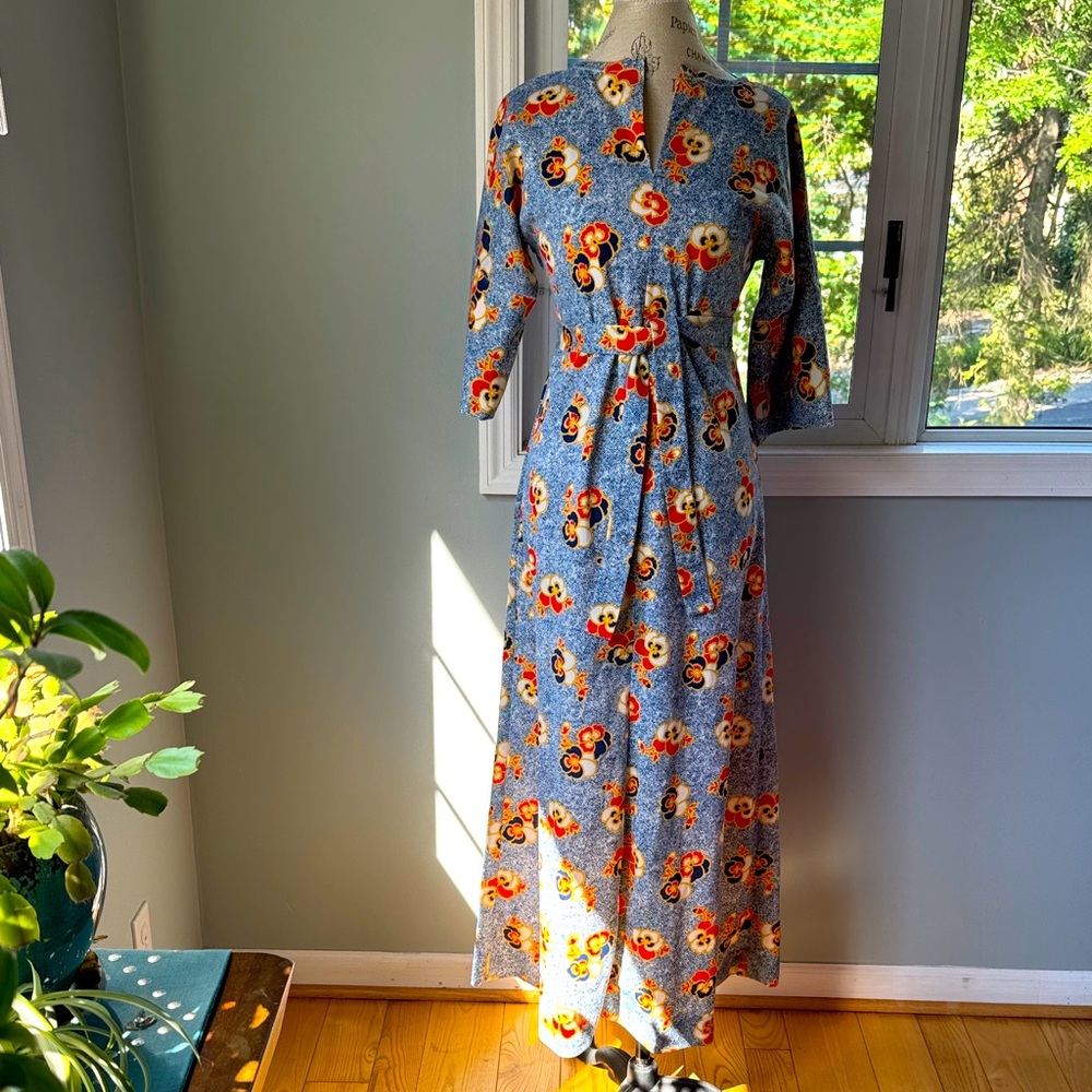 Vintage floral‎ poly maxi kaftan belted long dress handmade size small